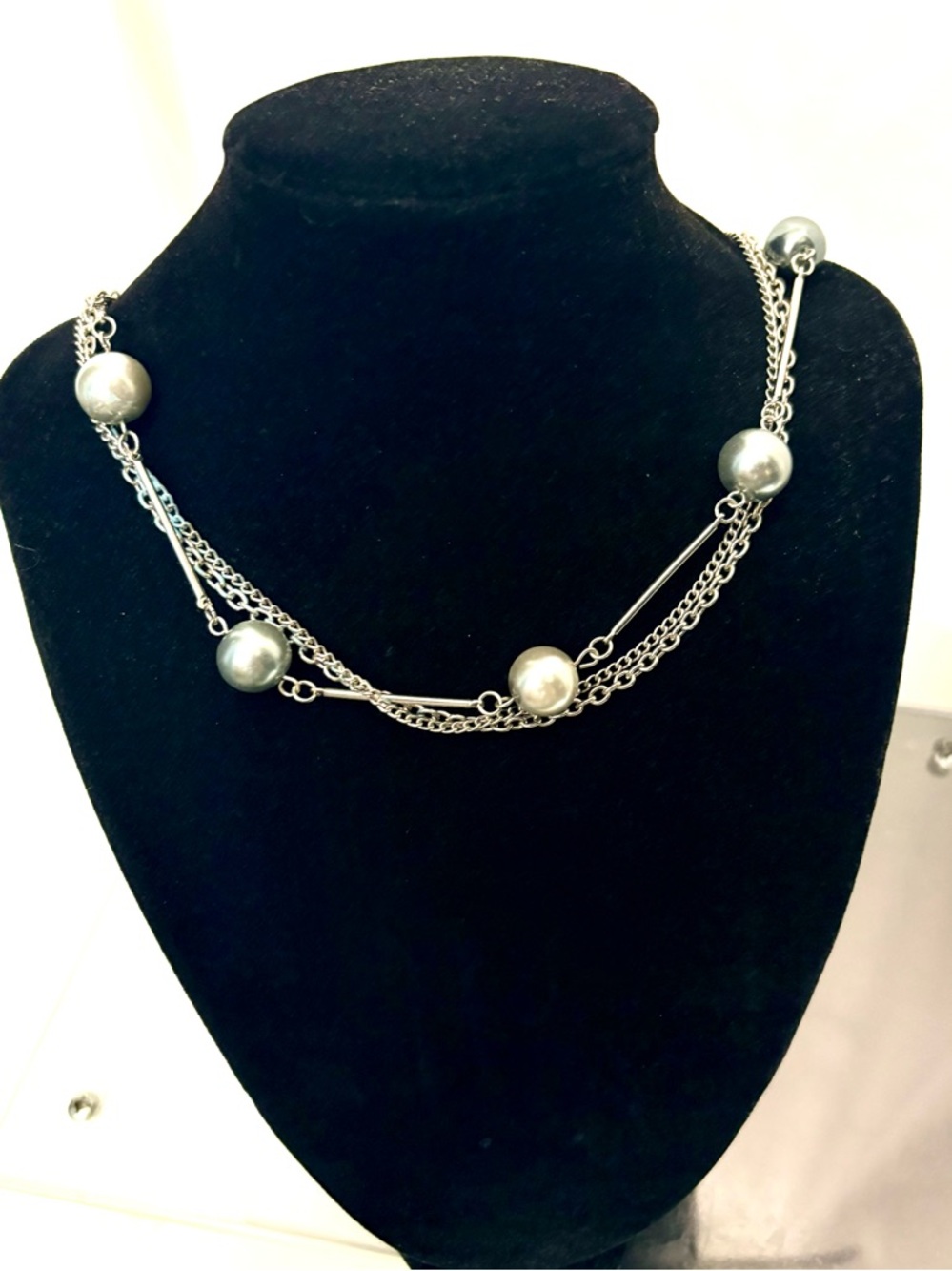 Napier Large Silver & White Station Bead Pearl & Silver Chain Link Necklace 42”